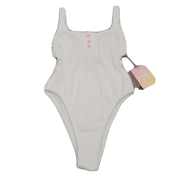 NEW Stoney Clover Lane x Target White Ribbed Henley One Piece Swimsuit - Picture 3 of 6